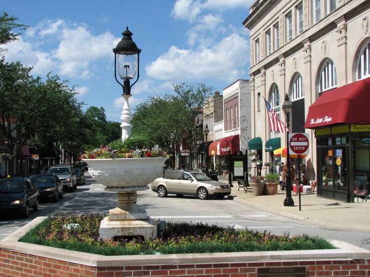 JR Plumbing Heating & Air — proudly serving downtown Glen Ellyn, IL and the west Chicago suburbs Downtown Glen Ellyn, IL — Main Street historic storefronts and fountain in JR Plumbing's service area